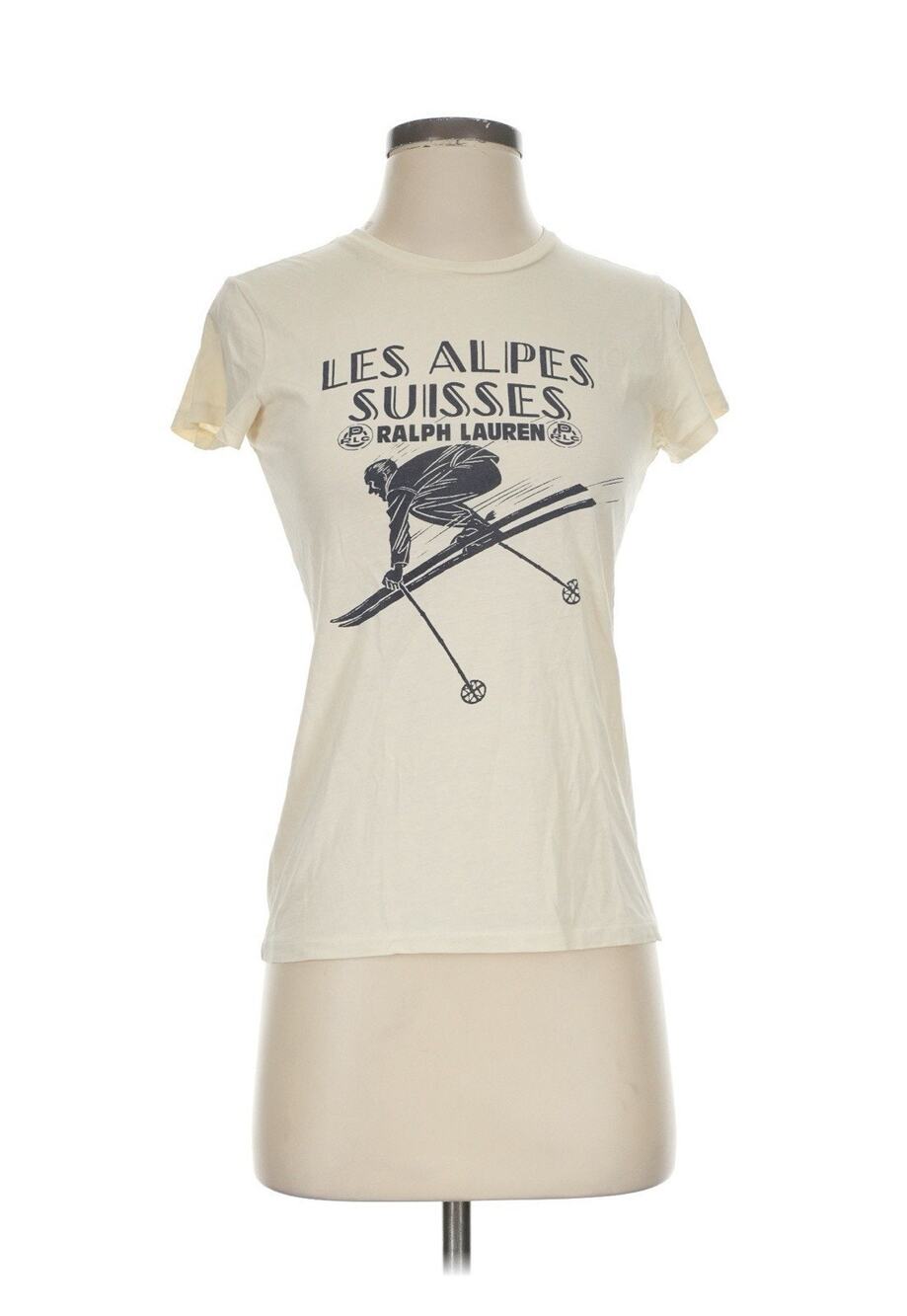 Ralph Lauren SS Cream T shirt In Navy Led Aloes Suisses Downhill Skier Winter Xs